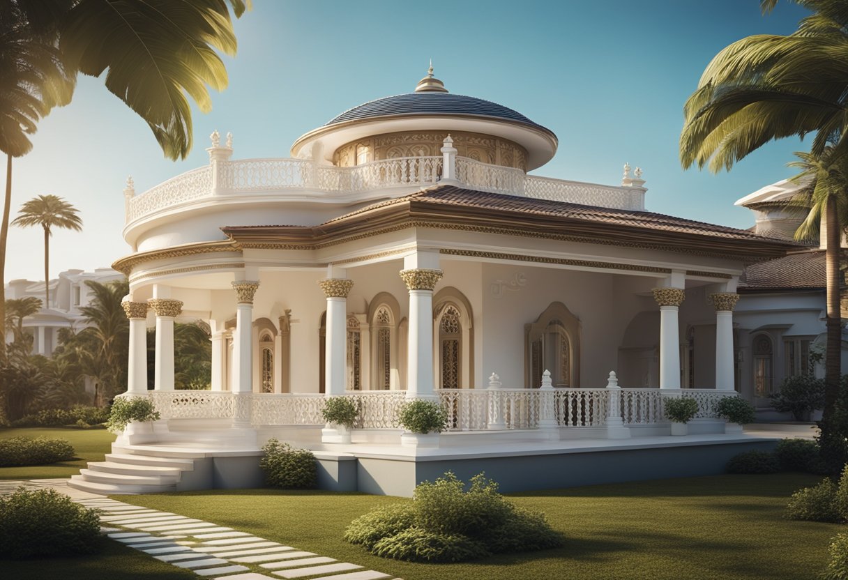 A villa with grand columns and intricate detailing contrasts with a simple bungalow with a low-pitched roof and wide veranda